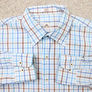 Peter Millar Shirt Mens Medium Blue/Brown Weekender Wash Cotton Long Sleeve